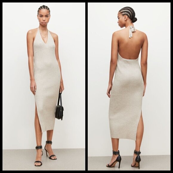 💕ALLSAINTS💕 Lexi Halter Neck Dress ~ Oyster Silver Medium M NWT - Picture 2 of 13